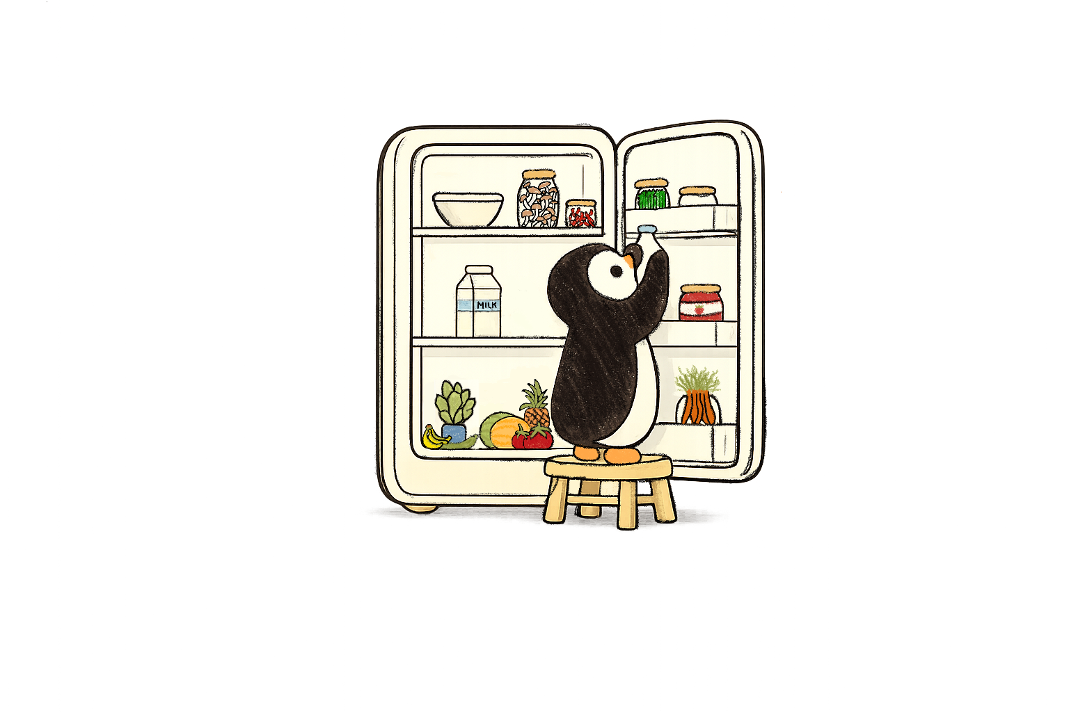 A penguin organising food in an open fridge